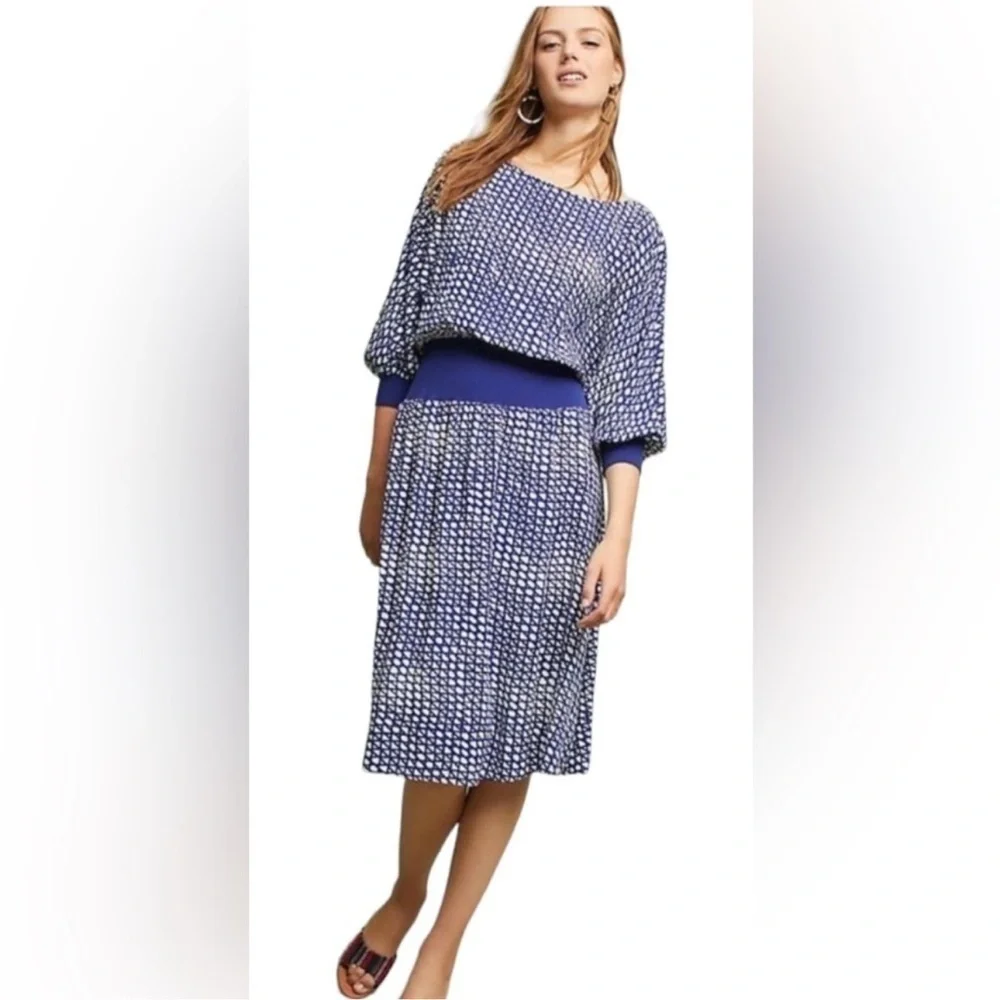 Anthropologie Maeve Gemma Blue Geometric Print Dolman Sleeve Dress